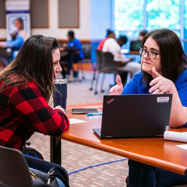 image of staff and student working on laptop inside a classroom