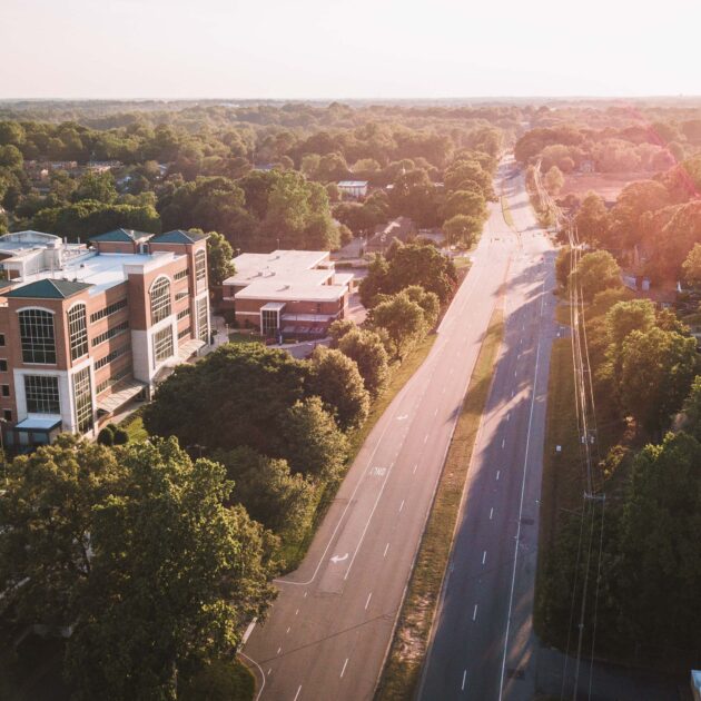 aerial view of main campus during sunset