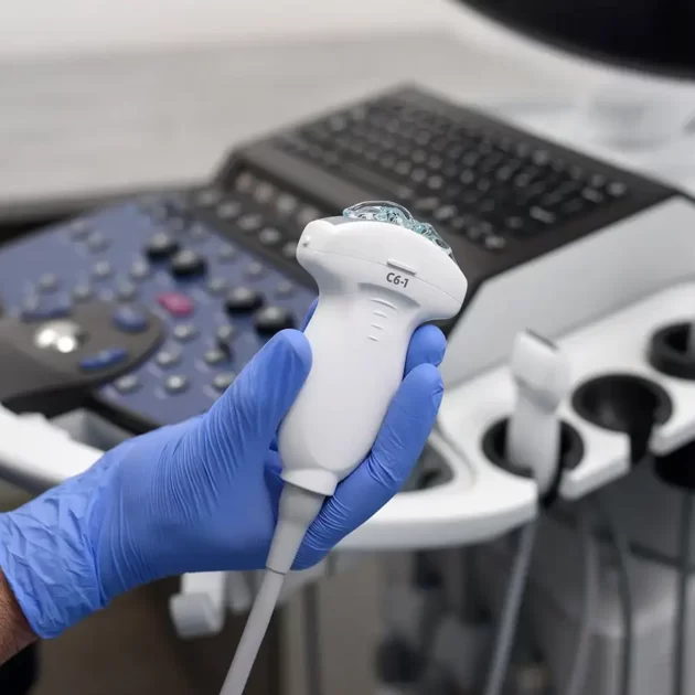 hand wearing a blue glove holding an ultrasound wand