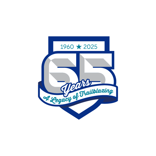 A shield design that incorporates the number 65, a banner with the word "A legacy of trailblazing" lays across the shield.