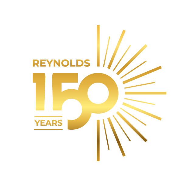 Gold letters with the words "Reynolds" and 150 and a sunshine/starburst coming out of the 0 in the 150.