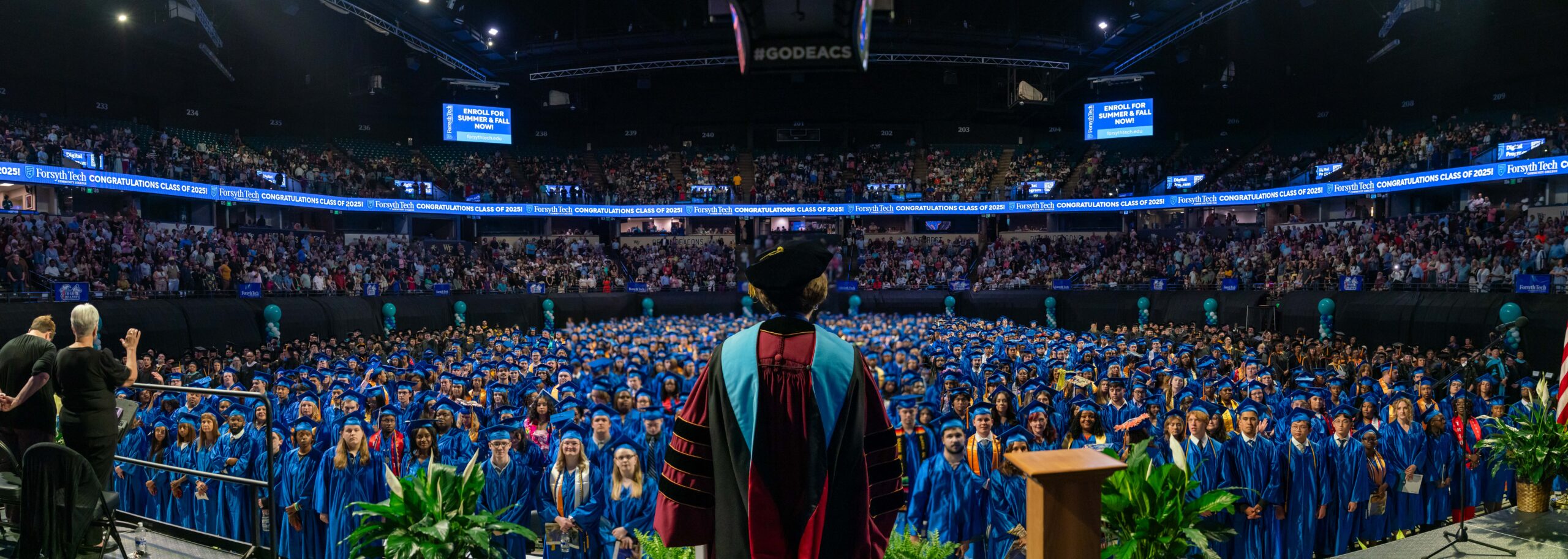 Forsyth Tech Commencement 2025 — panoramic view of graduates