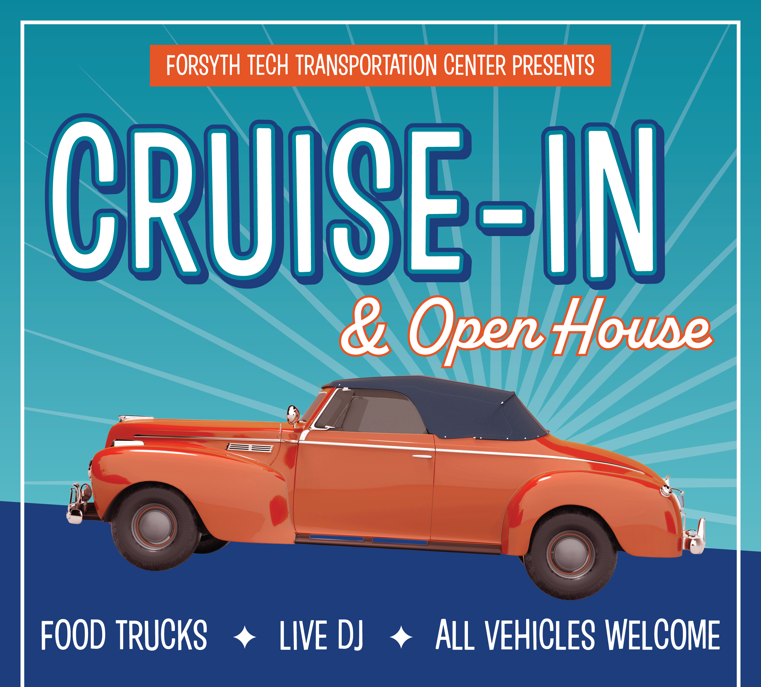 A graphic for the Cruise-In and Open House happening at the Forsyth Tech Transportation center. The background is teal and blue, with a red, vintage car at the front.