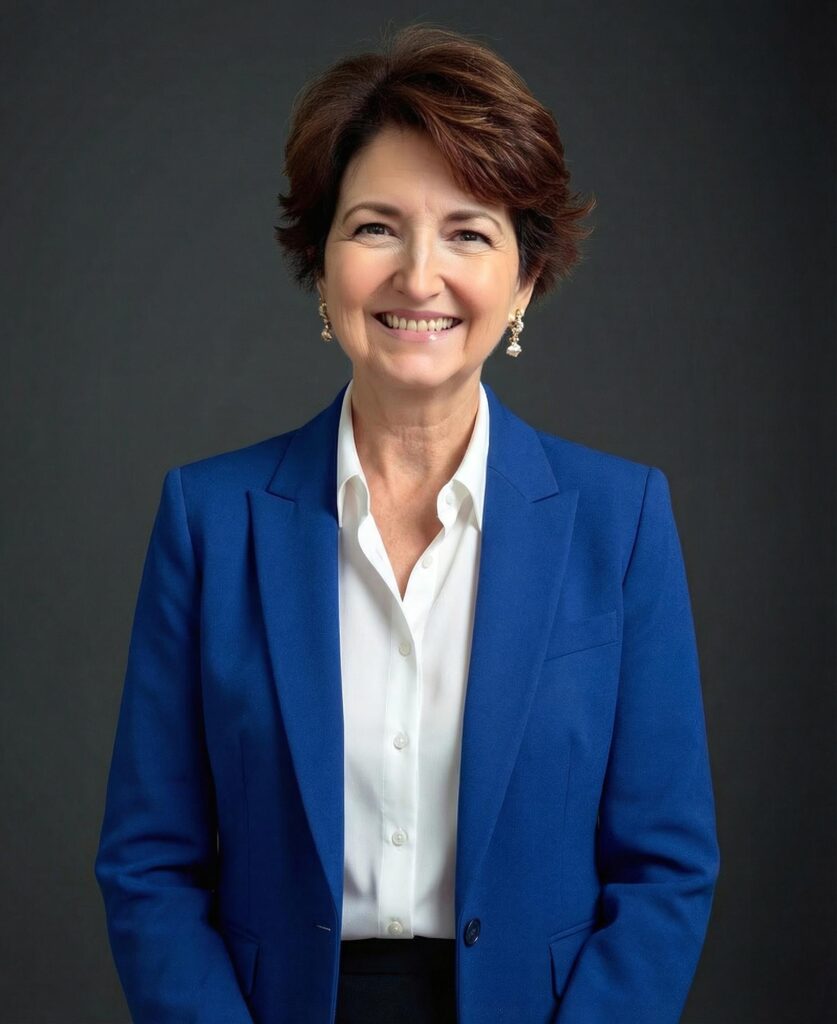 An image of Dr. Spriggs, with short reddish-brown hair, wearing silver earrings, a blue blazer and white button down shirt.