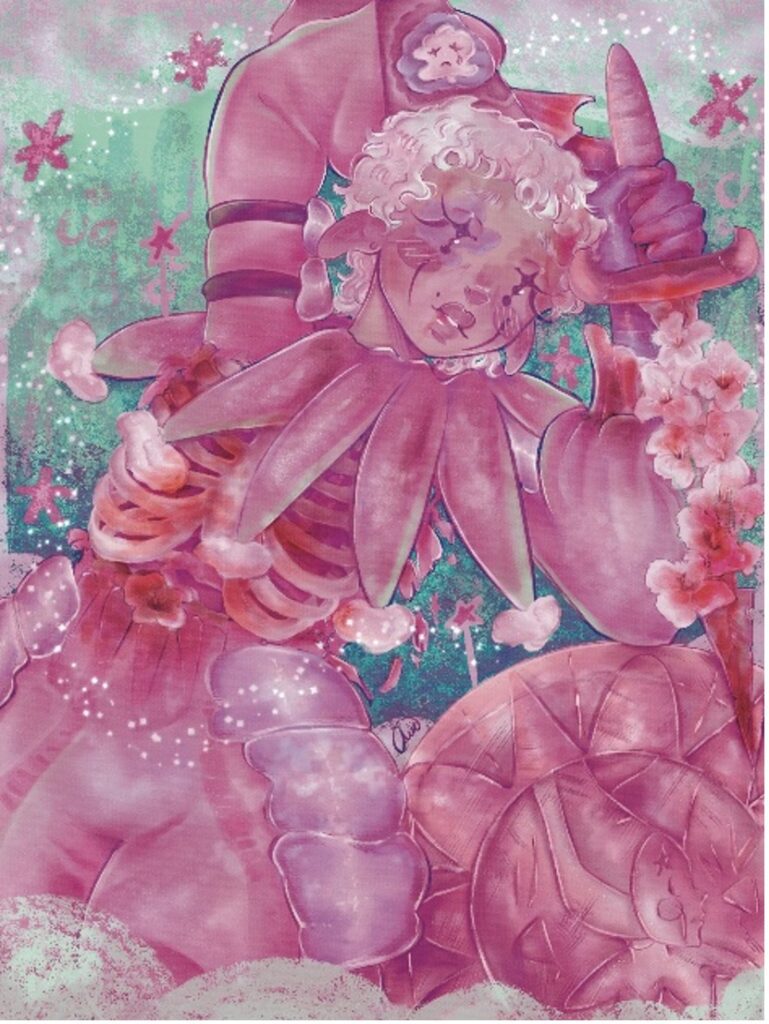 Imagen de un payaso rosa realizada por Mai Williams (2024), antigua alumna de FT